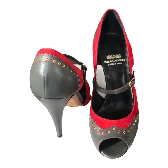 Moschino grey leather and red suede peep-toe Mary Jane. Size 40 - Picture 2 of 6